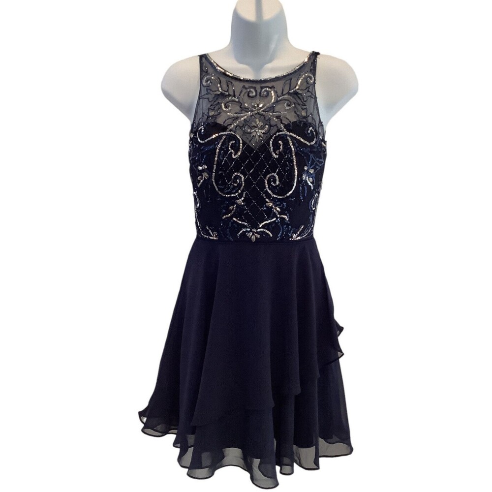 Blondie Nites Navy Homecoming Holiday Party Dress Blue Silver Sequins Size 1 New